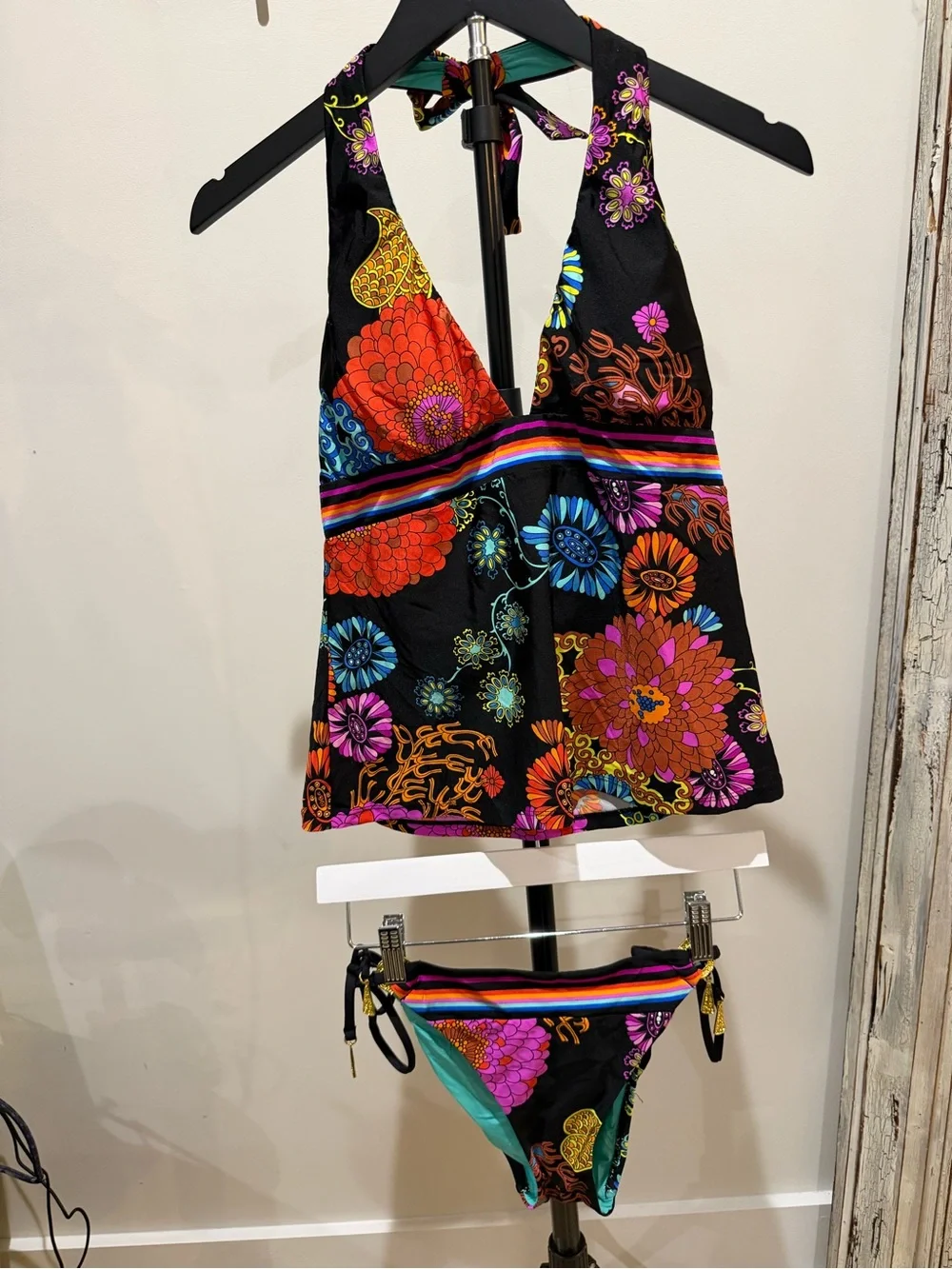Trina Turk Turquoise & Black Floral Halter Tankini Top with Multicolor Accents